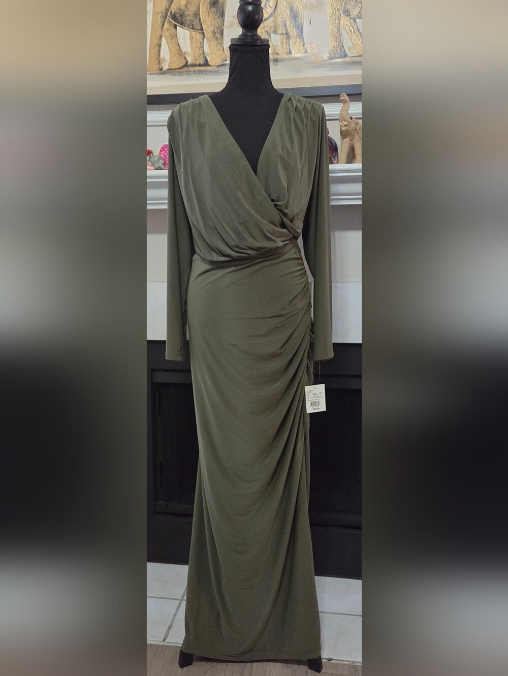 DB Studio Celebrate Long Sleeve Ruched Long Sleeve Olive Green Ruched Dress